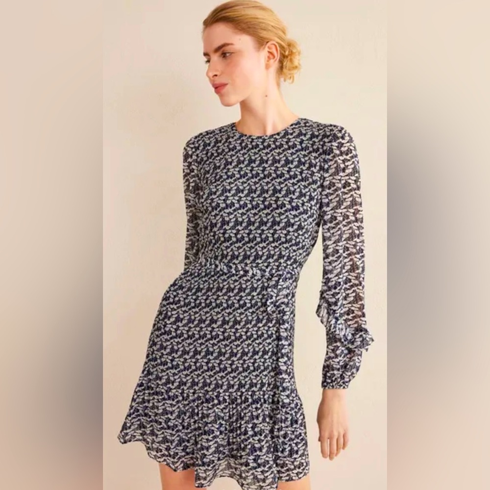 Boden Long Puff Sleeve Plisse’ Belted A-line Mini Dress French Navy Poppy Vine